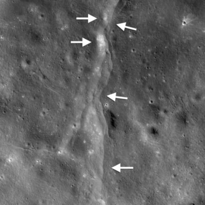 Ridge on the Moon’s surface marked by arrows indicating a moonquake fault line