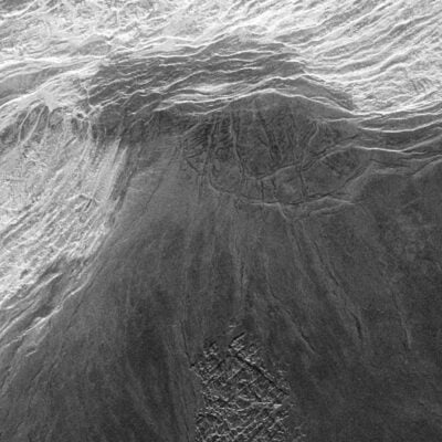 Radar image showing the ridged surface of Maxwell Montes on Venus