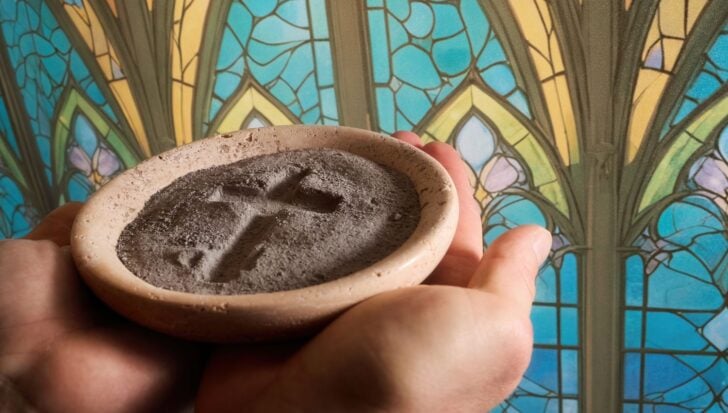 Hands holding a dish of ashes in front of a stained glass window