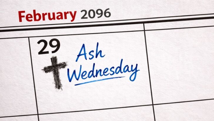 Calendar page showing February 29, 2096, with Ash Wednesday and a cross symbol