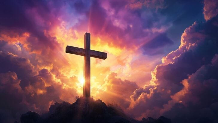 A wooden cross stands on a hill with a vibrant sunset, casting rays in a cloudy purple and orange sky