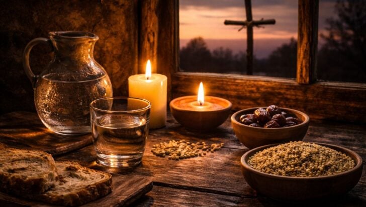 A rustic setting with a jug and glass of water, slices of bread, grains, dates, and two lit candles