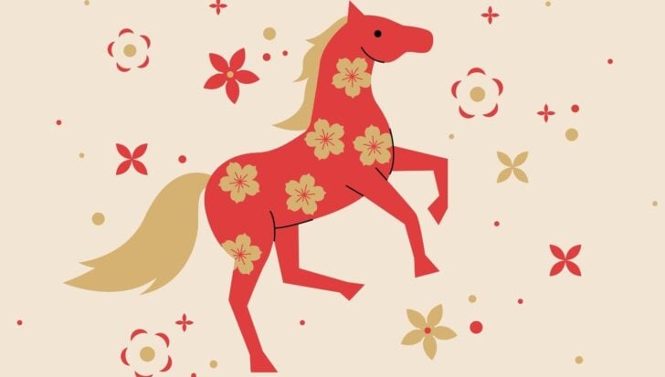 Illustration of a red horse with floral patterns, symbolizing the Year of the Horse in the Chinese zodiac