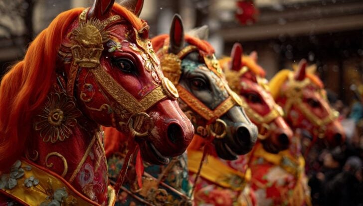Colorful and ornate horse sculptures adorned with intricate decorations