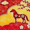 Illustration of a horse with floral patterns, surrounded by red lanterns, clouds, and a tree with blossoms