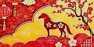 Illustration of a horse with floral patterns, surrounded by red lanterns, clouds, and a tree with blossoms
