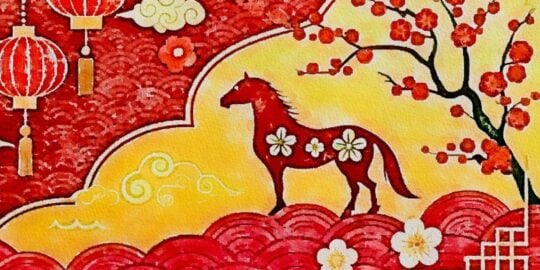 Illustration of a horse with floral patterns, surrounded by red lanterns, clouds, and a tree with blossoms