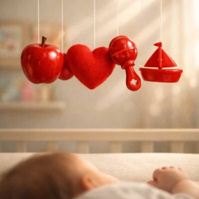 Baby lying in a crib watches hanging red apple, heart, rattle, and sailboat