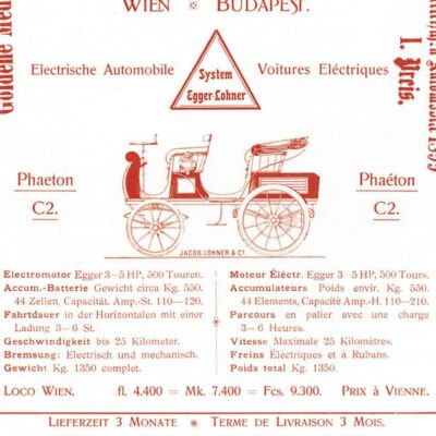 Vintage Egger-Lohner Phaeton C2 electric car illustration with mechanical specs