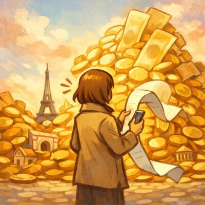 Woman holds a long receipt before a massive pile of gold coins and cash near the Eiffel Tower