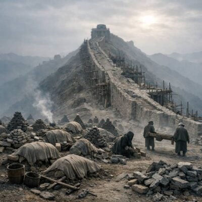 Workers in cloaks construct a stone section of the Great Wall, with scaffolding and stone piles