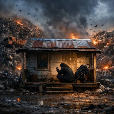 A person crouches beside a weathered shack with a stroller amid burning trash piles