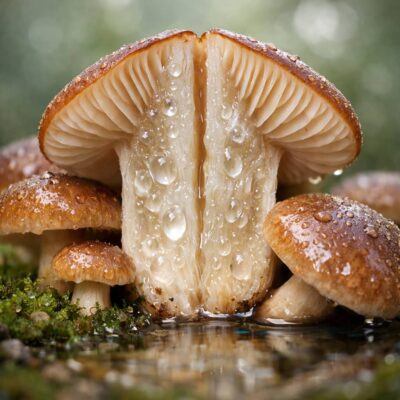 Close-up of brown mushrooms with water droplets