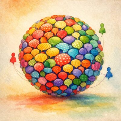 Large sphere made of colorful patterned ovals, with small colored people around its edge