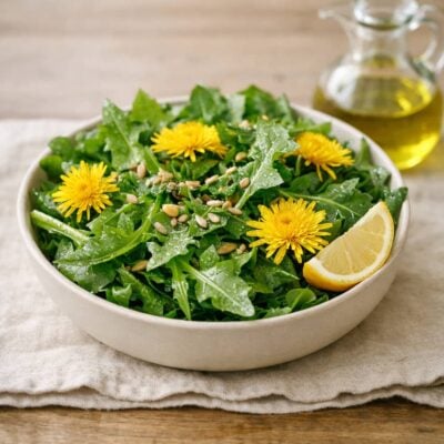 Bowl of fresh dandelion greens with yellow flowers, pine nuts, lemon wedge, and olive oil in the background