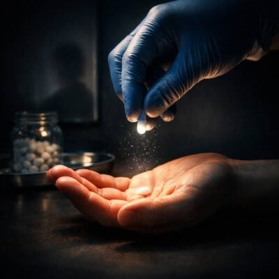 Blue-gloved hand dropping a pill onto an open palm, with a jar of pills in the background