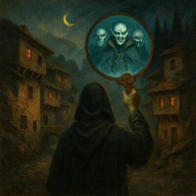 Person holding a big magnifying glass to the sky revealing hidden vampires