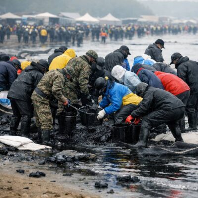 Volunteers and soldiers clean thick oil from a Korean shoreline using buckets