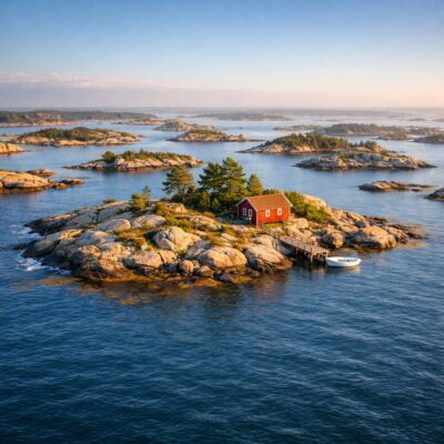 Red cabin on a rocky island with a wooden dock, pine trees, and a small white boat nearby