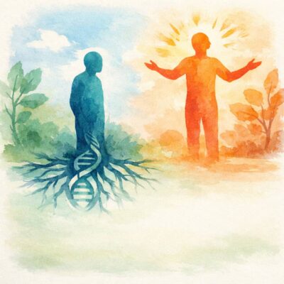 Blue figure with DNA double helix roots stands beside an orange sunlit figure
