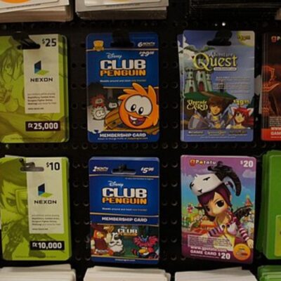 Colorful gift cards displayed, featuring Club Penguin and Nexon brands
