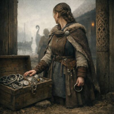 Viking woman in fur cloak beside a chest of silver jewelry, ships visible in the background