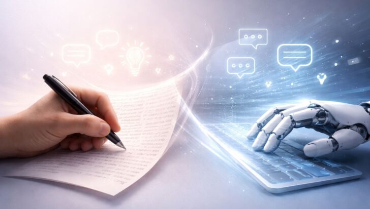 Illustration of a human hand writing with a pen on paper contrasted with a robotic hand typing on a keyboard