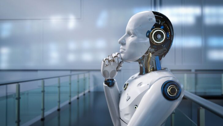 A humanoid robot in a futuristic setting appears contemplative