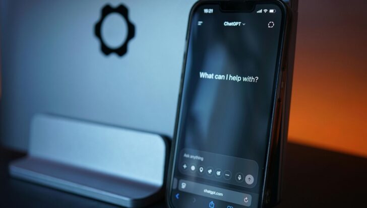 A smartphone displaying a chatbot interface with the question 'What can I help with' on the screen