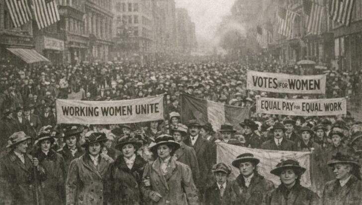A historical Women's Day march with women holding banners