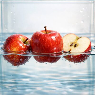 Three red apples float on water, with a sliced half visible
