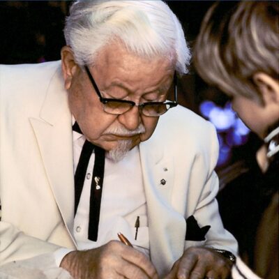 Colonel Sanders wearing a white suit
