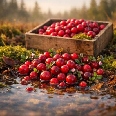 Red cranberries spill from a wooden crate onto a damp bog