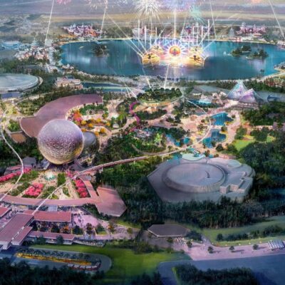 Future EPCOT concept art featuring Spaceship Earth ball, lake, pyramids, and lush gardens