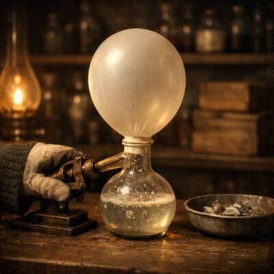 Gloved hand adjusts a balloon atop a glass apparatus, recalling Faraday's hydrogen experiments