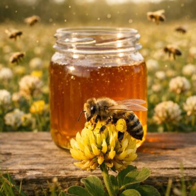 Honey bee on yellow flower with jar of honey in the background