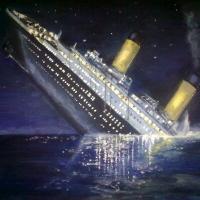 Night scene of the Titanic sinking, lights glimmer on the water