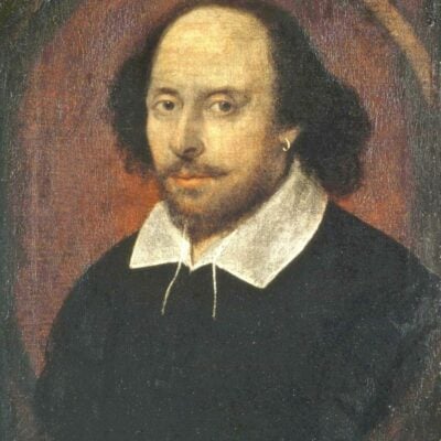 Portrait of William Shakespeare with a white collar and dark clothing