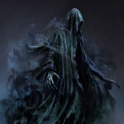 Dark, hooded Dementor gliding through foggy gloom