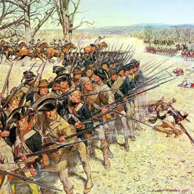 Continental Army soldiers advance with fixed bayonets, cavalry visible on the left