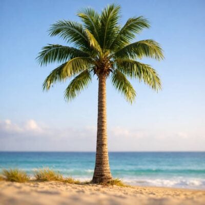 Tall palm tree on a sandy beach with the blue ocean behind