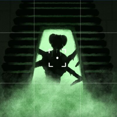 Green-lit silhouette inside a glowing containment chamber, with stairs visible in the background