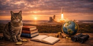 A tabby cat sits beside stacked books, a compass, an open book, a globe, binoculars, and coins on a table, with a rocket launching in the background against a sunset sky