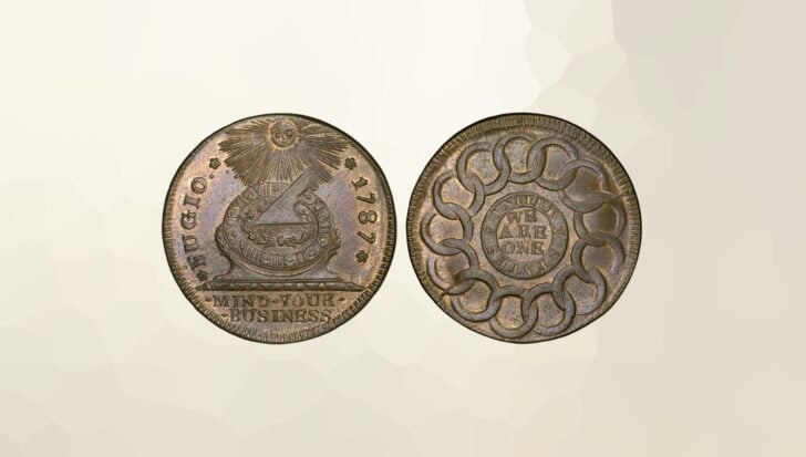 The Fugio cent featuring the date 1787, a sundial, the phrase 'Mind Your Business'