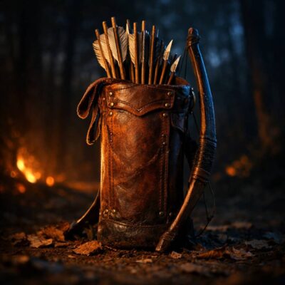 Leather quiver full of arrows beside a bow, illuminated by orange firelight