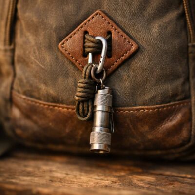 Close-up of brown backpack featuring a diamond lash tab with a metallic flashlight hanging from a cord