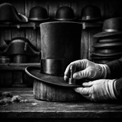 Gloved hands handle a small metal tool beside a tall top hat in a hatter's workshop