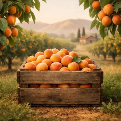 Wooden crate filled with ripe apricots in an orchard