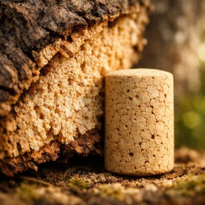 Cork stopper leaning against rough tree bark