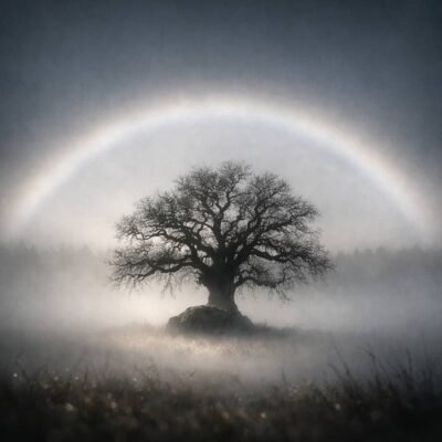 Bare tree on a rock beneath a fogbow in mist